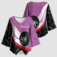 Personalised Aotearoa Lawn Bowls Kimono Sleeve Blouse Maori and Silver Fern Sporty Style Pink Color - Polynesian Pride