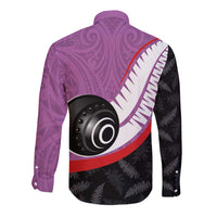 Personalised Aotearoa Lawn Bowls Long Sleeve Button Shirt Maori and Silver Fern Sporty Style Pink Color - Polynesian Pride