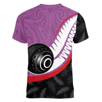 Personalised Aotearoa Lawn Bowls Women V-Neck T-Shirt Maori and Silver Fern Sporty Style Pink Color - Polynesian Pride