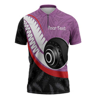 Personalised Aotearoa Lawn Bowls Zipper Polo Shirt Maori and Silver Fern Sporty Style Pink Color - Polynesian Pride