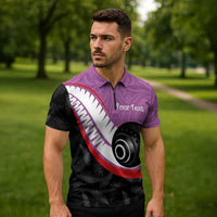 Personalised Aotearoa Lawn Bowls Zipper Polo Shirt Maori and Silver Fern Sporty Style Pink Color - Polynesian Pride