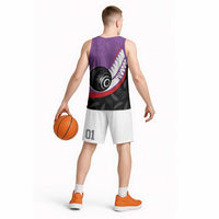 Personalised Aotearoa Lawn Bowls Basketball Jersey Maori and Silver Fern Sporty Style Purple Color - Polynesian Pride