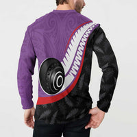 Personalised Aotearoa Lawn Bowls Button Sweatshirt Maori and Silver Fern Sporty Style Purple Color - Polynesian Pride