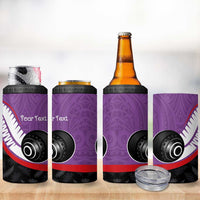 Personalised Aotearoa Lawn Bowls 4 in 1 Can Cooler Tumbler Maori and Silver Fern Sporty Style Purple Color - Polynesian Pride