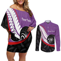 Personalised Aotearoa Lawn Bowls Couples Matching Off Shoulder Short Dress and Long Sleeve Button Shirt Maori and Silver Fern Sporty Style Purple Color - Polynesian Pride