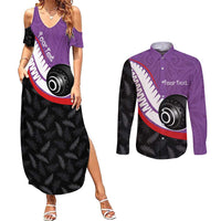 Personalised Aotearoa Lawn Bowls Couples Matching Summer Maxi Dress and Long Sleeve Button Shirt Maori and Silver Fern Sporty Style Purple Color - Polynesian Pride