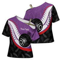 Personalised Aotearoa Lawn Bowls Cross Shoulder Shirt Maori and Silver Fern Sporty Style Purple Color - Polynesian Pride