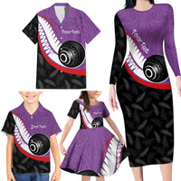 Personalised Aotearoa Lawn Bowls Family Matching Long Sleeve Bodycon Dress and Hawaiian Shirt Maori and Silver Fern Sporty Style Purple Color - Polynesian Pride