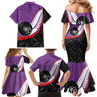 Personalised Aotearoa Lawn Bowls Family Matching Mermaid Dress and Hawaiian Shirt Maori and Silver Fern Sporty Style Purple Color - Polynesian Pride