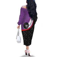 Personalised Aotearoa Lawn Bowls Family Matching Off The Shoulder Long Sleeve Dress and Hawaiian Shirt Maori and Silver Fern Sporty Style Purple Color - Polynesian Pride