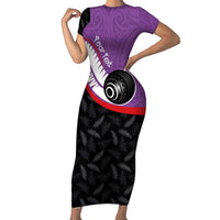 Personalised Aotearoa Lawn Bowls Family Matching Short Sleeve Bodycon Dress and Hawaiian Shirt Maori and Silver Fern Sporty Style Purple Color - Polynesian Pride
