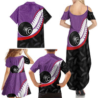 Personalised Aotearoa Lawn Bowls Family Matching Summer Maxi Dress and Hawaiian Shirt Maori and Silver Fern Sporty Style Purple Color - Polynesian Pride
