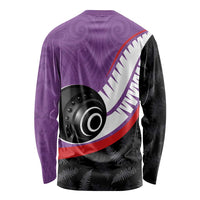 Personalised Aotearoa Lawn Bowls Long Sleeve Shirt Maori and Silver Fern Sporty Style Purple Color - Polynesian Pride