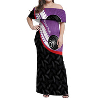 Personalised Aotearoa Lawn Bowls Off Shoulder Maxi Dress Maori and Silver Fern Sporty Style Purple Color - Polynesian Pride