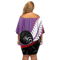 Personalised Aotearoa Lawn Bowls Off Shoulder Short Dress Maori and Silver Fern Sporty Style Purple Color - Polynesian Pride