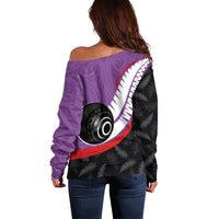 Personalised Aotearoa Lawn Bowls Off Shoulder Sweater Maori and Silver Fern Sporty Style Purple Color - Polynesian Pride