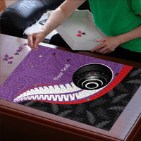Personalised Aotearoa Lawn Bowls Puzzle Maori and Silver Fern Sporty Style Purple Color - Polynesian Pride