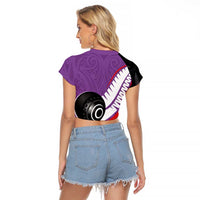 Personalised Aotearoa Lawn Bowls Raglan Cropped T Shirt Maori and Silver Fern Sporty Style Purple Color - Polynesian Pride