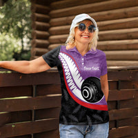 Personalised Aotearoa Lawn Bowls Women Polo Shirt Maori and Silver Fern Sporty Style Purple Color - Polynesian Pride