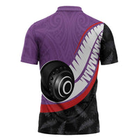 Personalised Aotearoa Lawn Bowls Zipper Polo Shirt Maori and Silver Fern Sporty Style Purple Color - Polynesian Pride