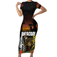 New Zealand and Australia ANZAC Day Short Sleeve Bodycon Dress Soldier and Last Post Camouflage Pattern LT03 Long Dress Black - Polynesian Pride