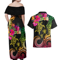 Hawaii Turtle Day Couples Matching Off Shoulder Maxi Dress and Hawaiian Shirt Polynesian Tattoo and Hibiscus Flowers