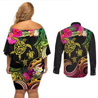 Hawaii Turtle Day Couples Matching Off Shoulder Short Dress and Long Sleeve Button Shirt Polynesian Tattoo and Hibiscus Flowers LT03 - Polynesian Pride