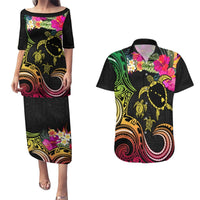 Hawaii Turtle Day Couples Matching Puletasi and Hawaiian Shirt Polynesian Tattoo and Hibiscus Flowers LT03 Black - Polynesian Pride