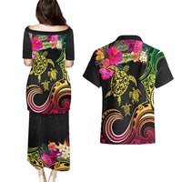 Hawaii Turtle Day Couples Matching Puletasi and Hawaiian Shirt Polynesian Tattoo and Hibiscus Flowers LT03 - Polynesian Pride
