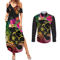 Hawaii Turtle Day Couples Matching Summer Maxi Dress and Long Sleeve Button Shirt Polynesian Tattoo and Hibiscus Flowers LT03 Black - Polynesian Pride
