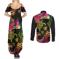 Hawaii Turtle Day Couples Matching Summer Maxi Dress and Long Sleeve Button Shirt Polynesian Tattoo and Hibiscus Flowers LT03 - Polynesian Pride