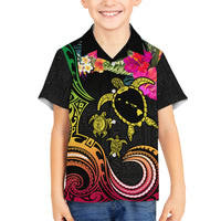 Hawaii Turtle Day Family Matching Off The Shoulder Long Sleeve Dress and Hawaiian Shirt Polynesian Tattoo and Hibiscus Flowers LT03 Son's Shirt Black - Polynesian Pride