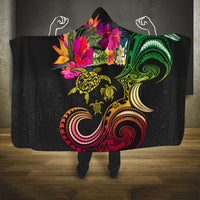 Hawaii Turtle Day Hooded Blanket Polynesian Tattoo and Hibiscus Flowers LT03 One Size Black - Polynesian Pride