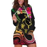 Hawaii Turtle Day Hoodie Dress Polynesian Tattoo and Hibiscus Flowers LT03 Black - Polynesian Pride
