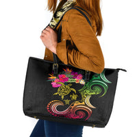 Hawaii Turtle Day Leather Tote Bag Polynesian Tattoo and Hibiscus Flowers LT03 Black - Polynesian Pride