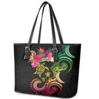 Hawaii Turtle Day Leather Tote Bag Polynesian Tattoo and Hibiscus Flowers LT03 - Polynesian Pride
