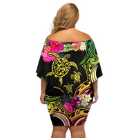 Hawaii Turtle Day Off Shoulder Short Dress Polynesian Tattoo and Hibiscus Flowers LT03 - Polynesian Pride