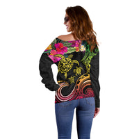 Hawaii Turtle Day Off Shoulder Sweater Polynesian Tattoo and Hibiscus Flowers