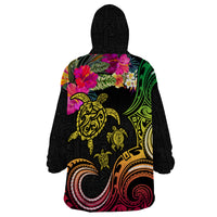 Hawaii Turtle Day Wearable Blanket Hoodie Polynesian Tattoo and Hibiscus Flowers LT03 - Polynesian Pride