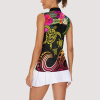 Hawaii Turtle Day Women Sleeveless Polo Shirt Polynesian Tattoo and Hibiscus Flowers