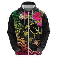 Hawaii Turtle Day Zip Hoodie Polynesian Tattoo and Hibiscus Flowers