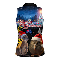 New Zealand and Australia Merry Christmas Women Sleeveless Polo Shirt Kiwi Bird and Kangaroo Xmas Vibe