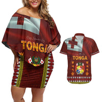 Tonga Independence Day Couples Matching Off Shoulder Short Dress and Hawaiian Shirt National Flag and Emblem with Ngatu Art Pattern