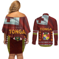 Tonga Independence Day Couples Matching Off Shoulder Short Dress and Long Sleeve Button Shirt National Flag and Emblem with Ngatu Art Pattern