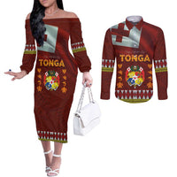 Tonga Independence Day Couples Matching Off The Shoulder Long Sleeve Dress and Long Sleeve Button Shirt National Flag and Emblem with Ngatu Art Pattern LT03 Red - Polynesian Pride