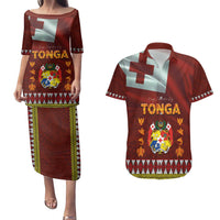 Tonga Independence Day Couples Matching Puletasi and Hawaiian Shirt National Flag and Emblem with Ngatu Art Pattern LT03 Red - Polynesian Pride