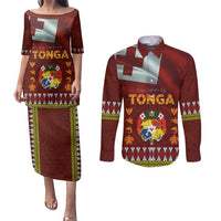 Tonga Independence Day Couples Matching Puletasi and Long Sleeve Button Shirt National Flag and Emblem with Ngatu Art Pattern LT03 Red - Polynesian Pride