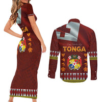 Tonga Independence Day Couples Matching Short Sleeve Bodycon Dress and Long Sleeve Button Shirt National Flag and Emblem with Ngatu Art Pattern LT03 - Polynesian Pride