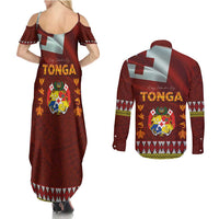 Tonga Independence Day Couples Matching Summer Maxi Dress and Long Sleeve Button Shirt National Flag and Emblem with Ngatu Art Pattern LT03 - Polynesian Pride