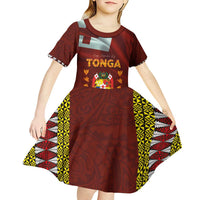 Tonga Independence Day Kid Short Sleeve Dress National Flag and Emblem with Ngatu Art Pattern LT03 - Polynesian Pride